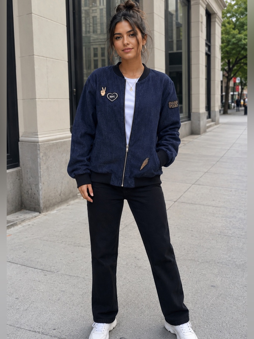 Lightweight dark wash denim style track jacket front zipper and patches